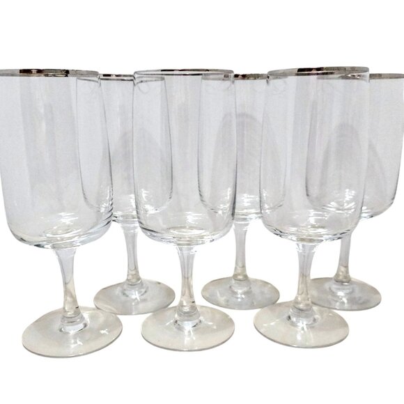 6 Fostoria Announcement Platinum Water Glasses 7.25" silver rim 1970s - Picture 1 of 8